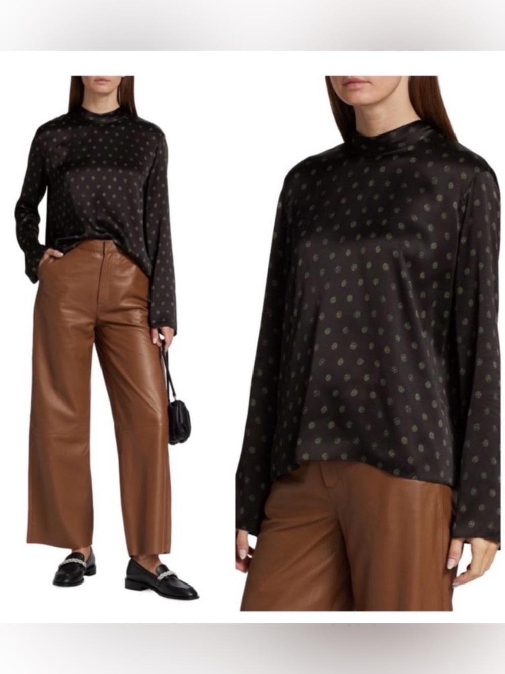 Vince Sun Dot 100% Silk Black Mock Neck Blouse
